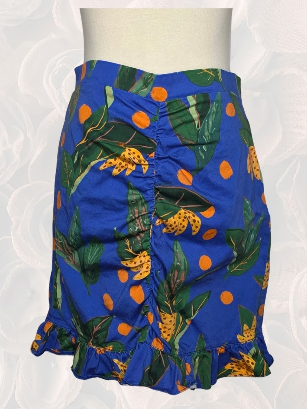 FARM Rio for Anthropologie Citrus Tropical Ruched Mini Skirt Blue Orange M - Picture 5 of 10